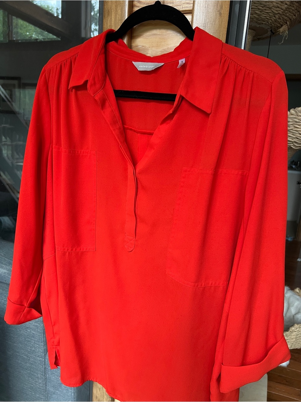 Bright Red Collared V-Neck Blouse by Tahari